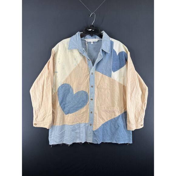 TRICIA FIX Heart Applique Button-Down Shirt - Neutral Combo Size X-Small - Picture 2 of 9